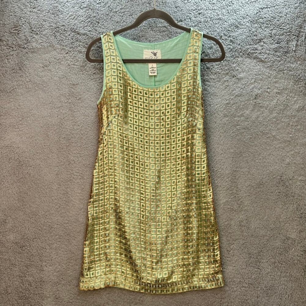 Tabitha Size 2 Gold Sequin Sheath Dress Sleeveless Blue Lined Side Zip Evening
